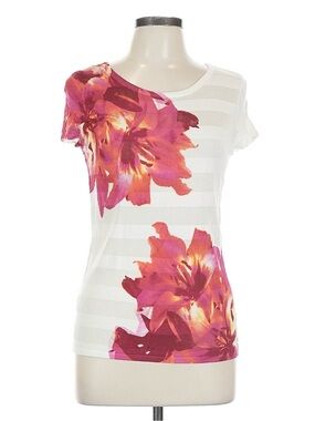 INC International Concepts White Striped Tee with Pink Floral Print